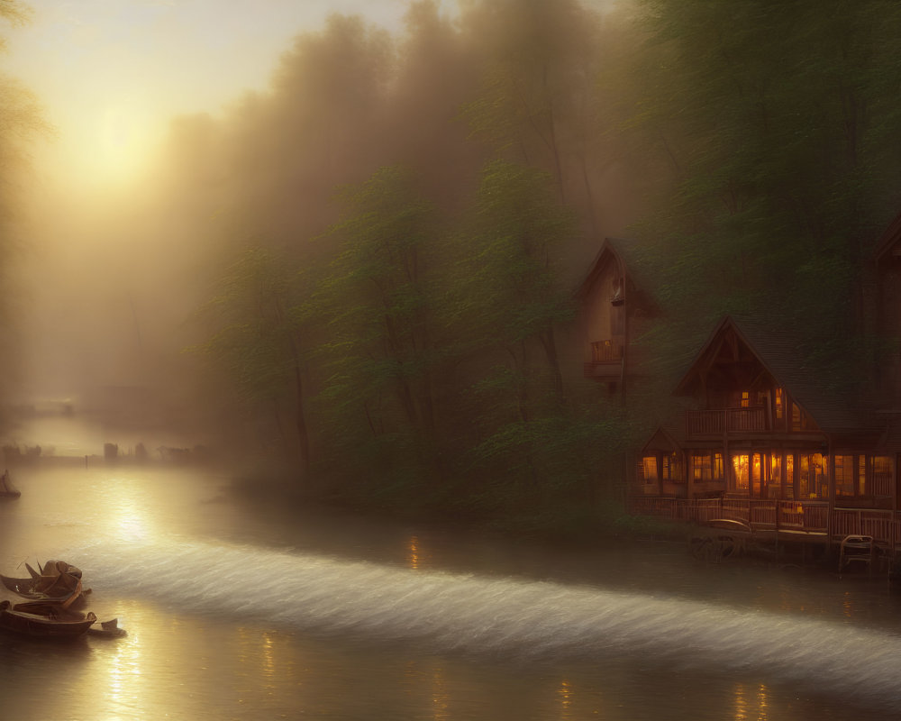 Tranquil river scene at dusk with wooden houses, boat, and misty golden glow