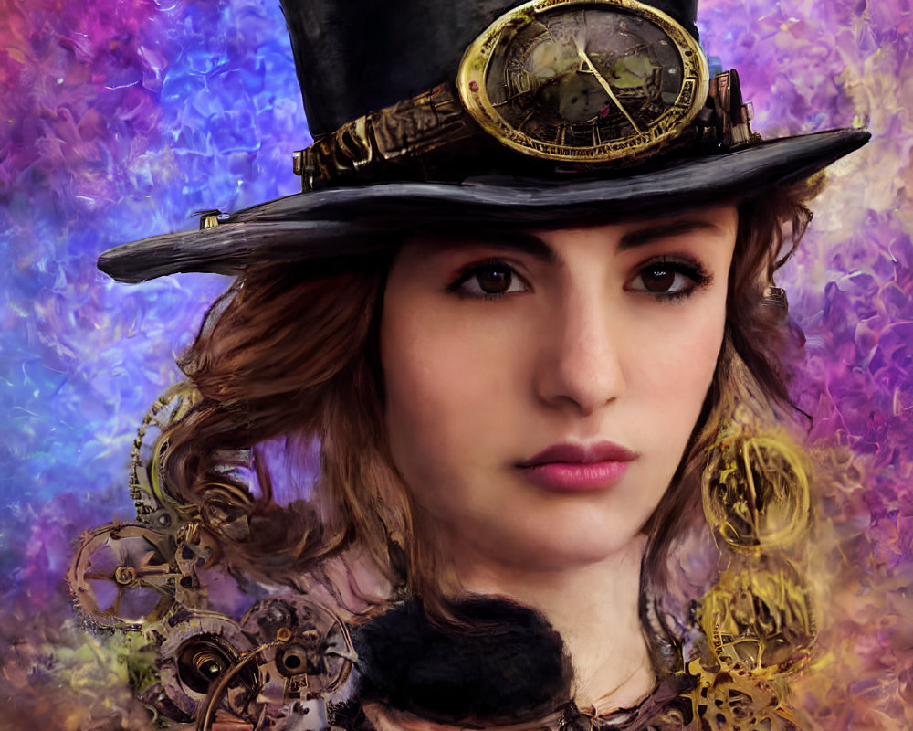 Steampunk hat woman on colorful textured background