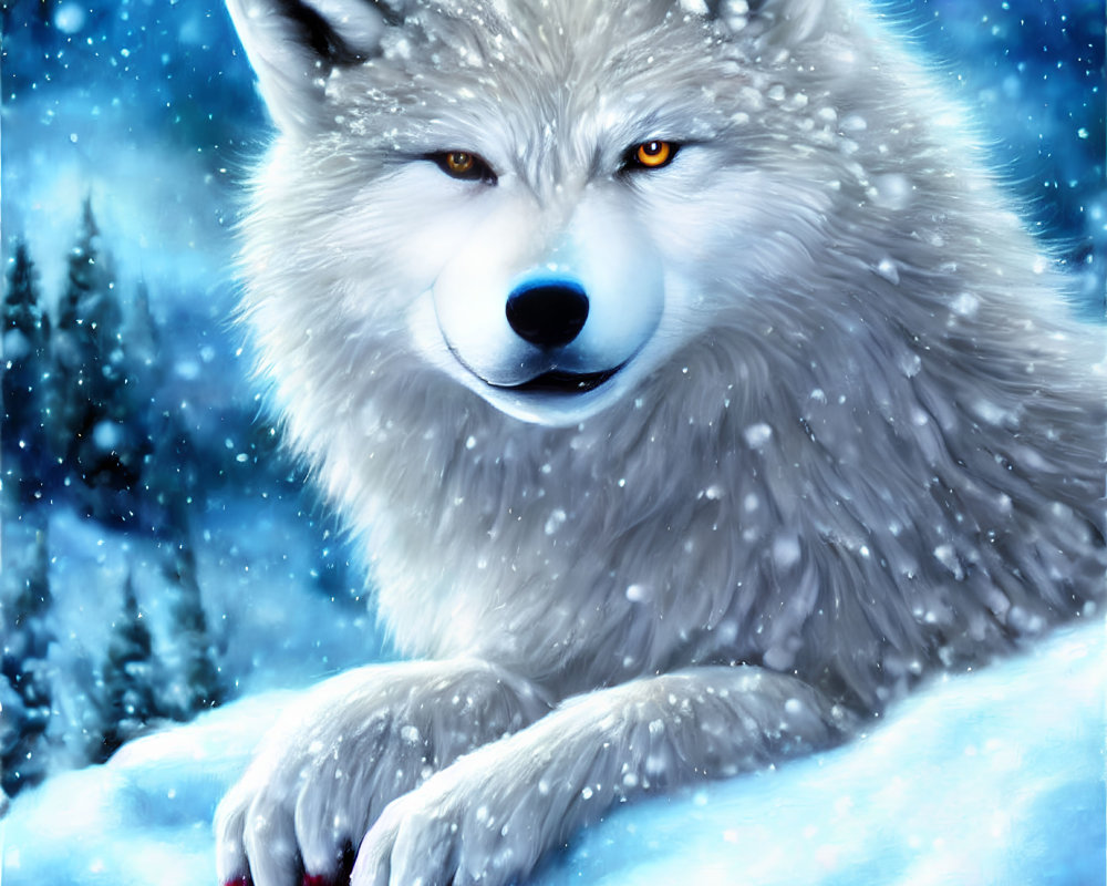 White wolf with orange eyes in snowy landscape with red claw tips