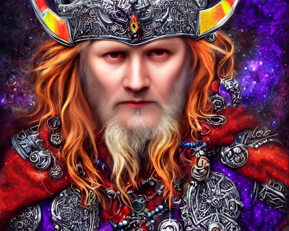 Digital artwork of stern Viking in horned helmet & ornate armor on galaxy backdrop