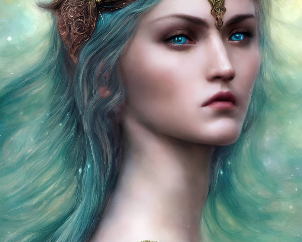 Ethereal blue-haired female with golden headpieces on starry background