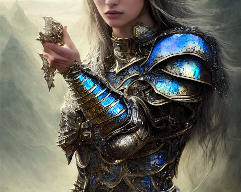 Medieval armor woman holding crystal in misty mountains