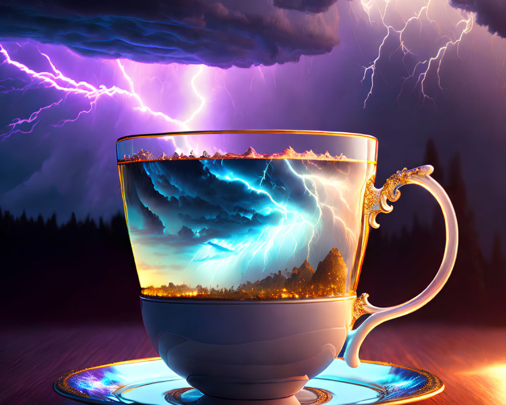 Ornate teacup with vibrant storm scene and lightning strikes