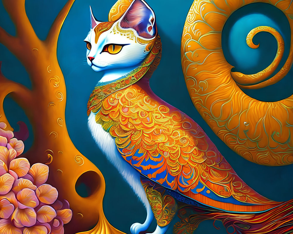 Colorful Stylized Regal Cat Illustration on Blue Background