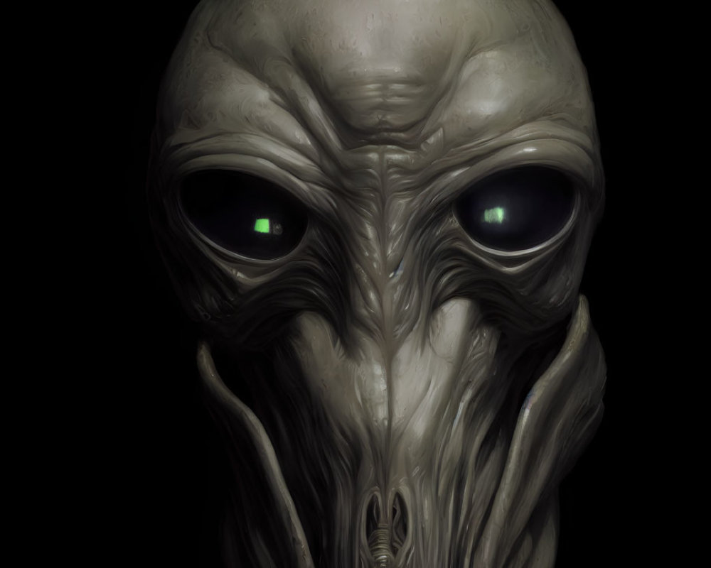 Detailed Illustration of Stereotypical Alien Head: Large Black Eyes, Slit Mouth, Gray Skin