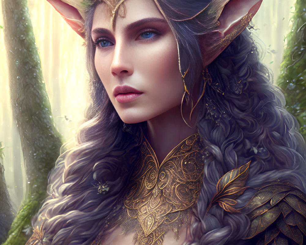 Fantasy portrait of an elf in golden armor with pointed ears, leaf and horn adornments, in