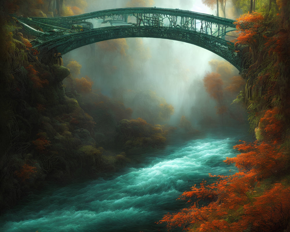 Enchanting forest scene with misty river and vintage green arched bridge