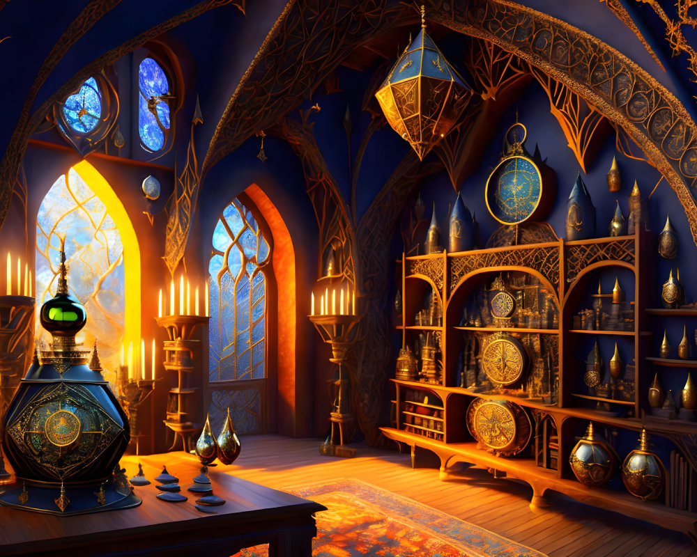 Fantasy-style interior with ornate windows, pottery shelves, and intricate lamp