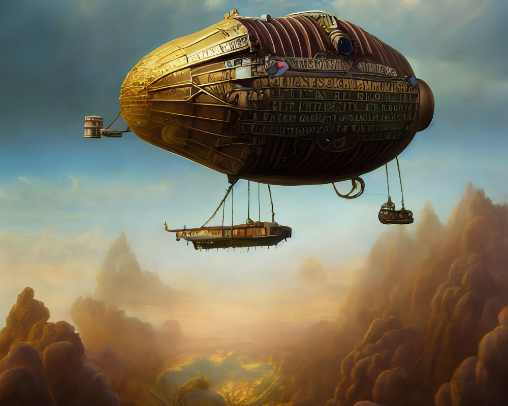 Detailed steampunk airship floating above cloud-filled landscape