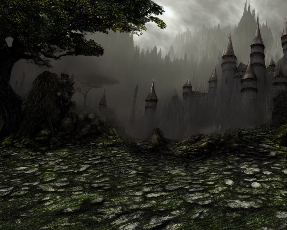 Mysterious mist-covered fantasy castle with cobblestone path and gnarled tree