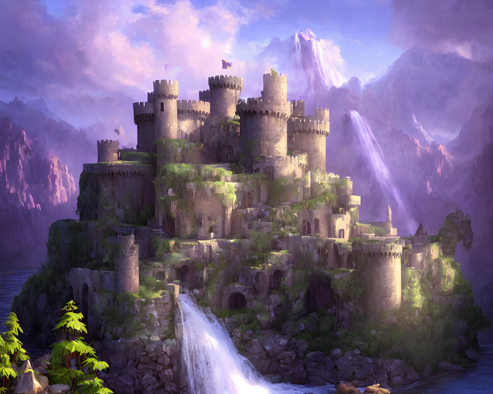 Majestic fantasy castle on cliff with towers, waterfall, mountains