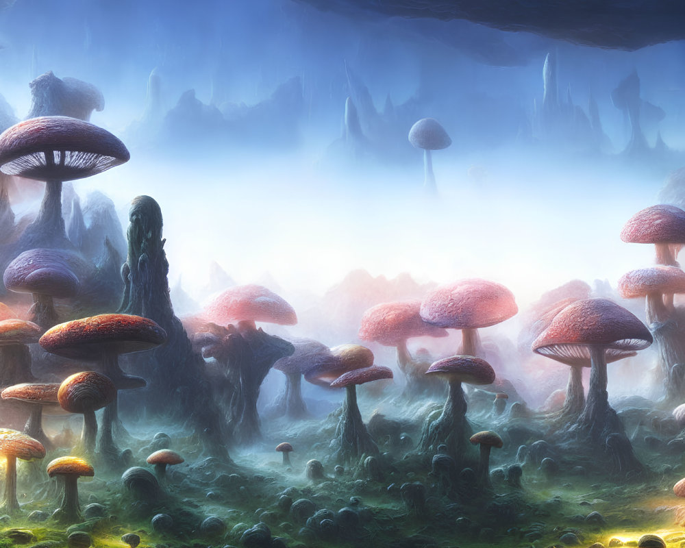 Mystical forest with oversized bioluminescent mushrooms in blue light