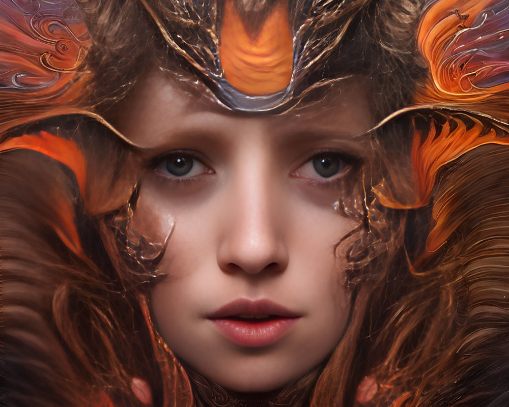 Detailed Orange and Black Fantasy Helmet on Intense-Eyed Person