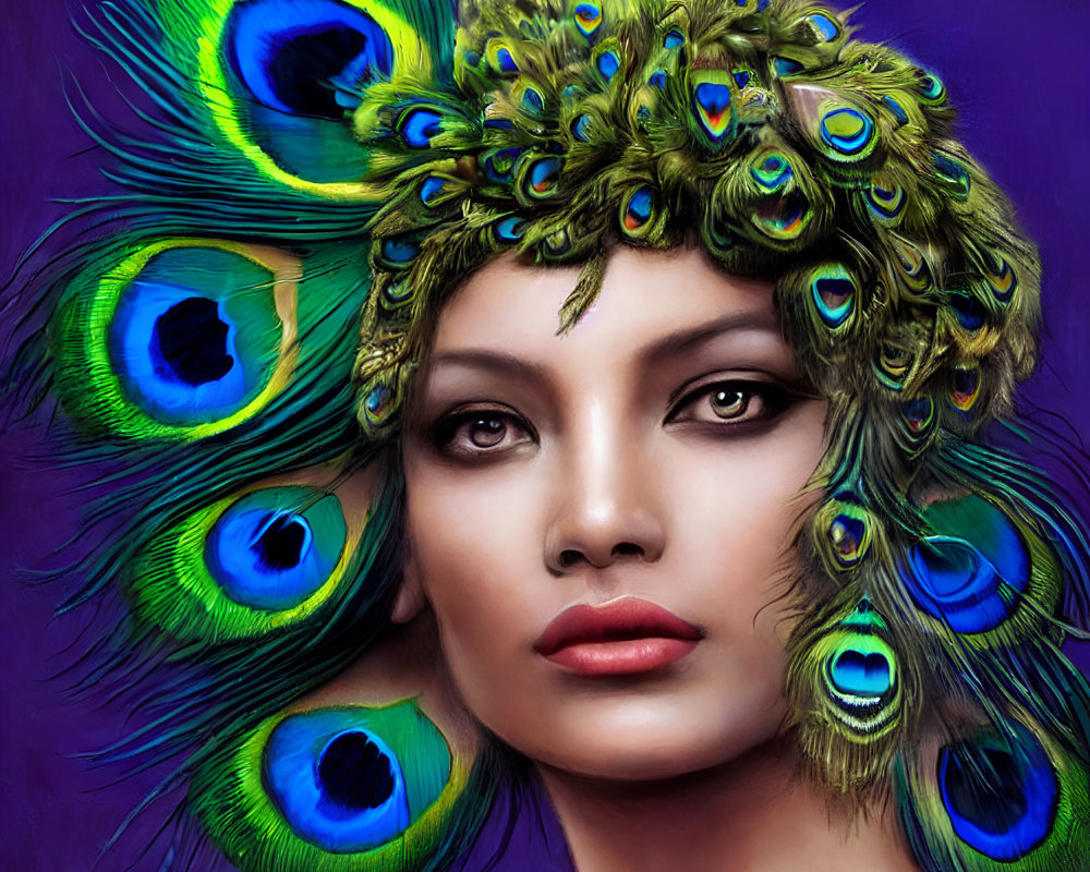 Woman with Peacock Feather Headdress and Vibrant Makeup on Purple Background