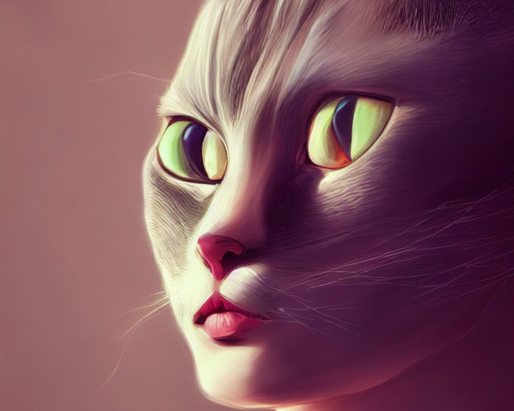 Stylized cat with human-like features and green eyes in digital art