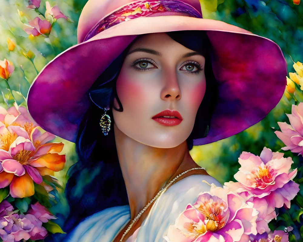 Woman in Purple Hat Surrounded by Vibrant Pink Flowers