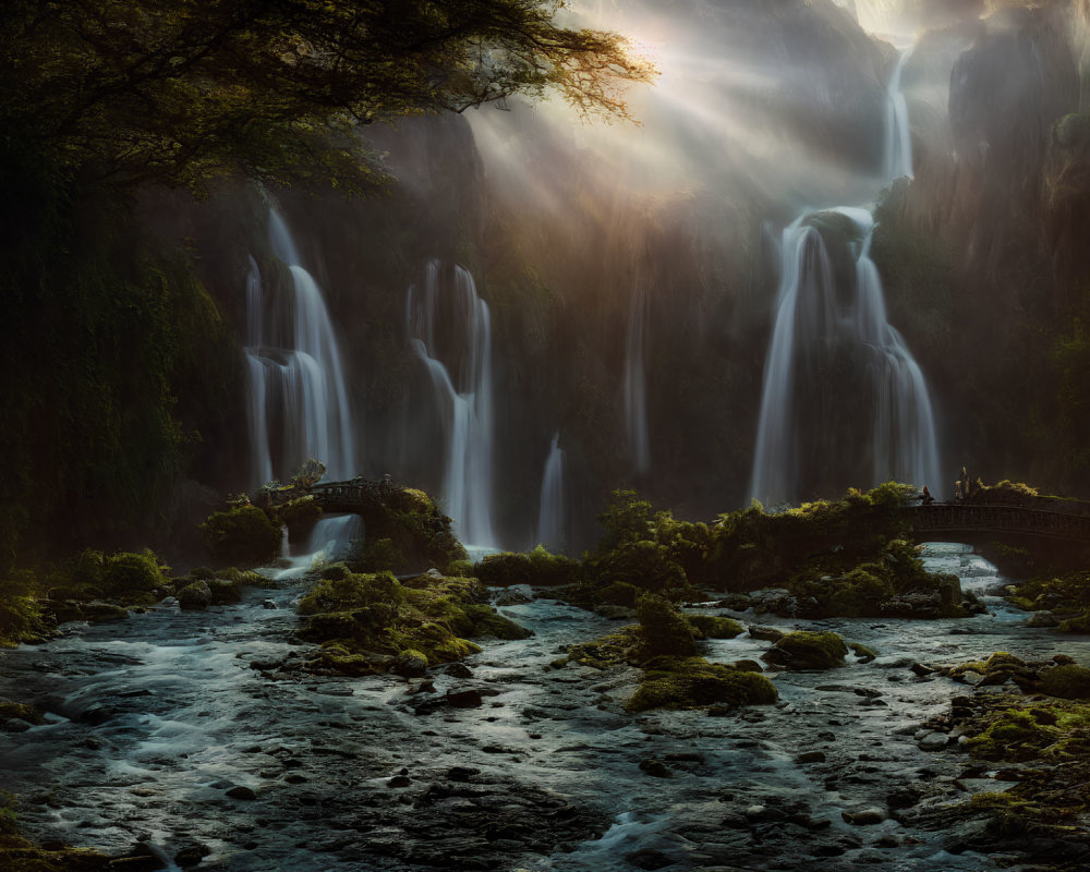 Serene waterfall with cascades, golden light, river, footbridge