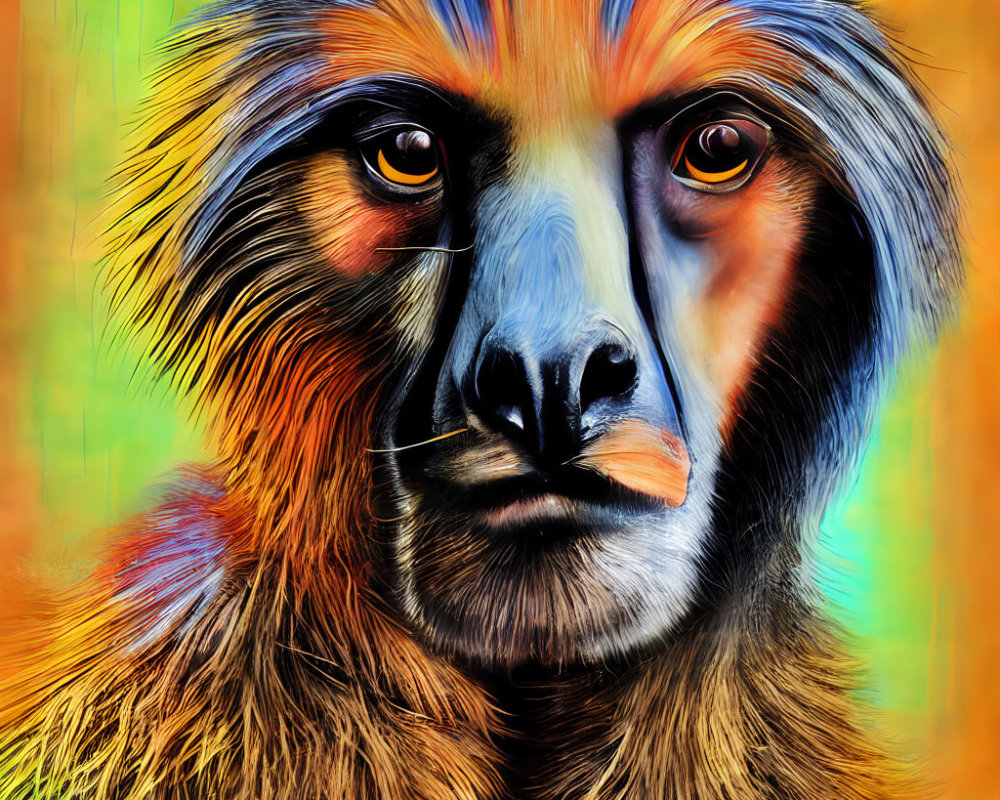 Colorful Mandrill Digital Painting with Vibrant Orange Eyes