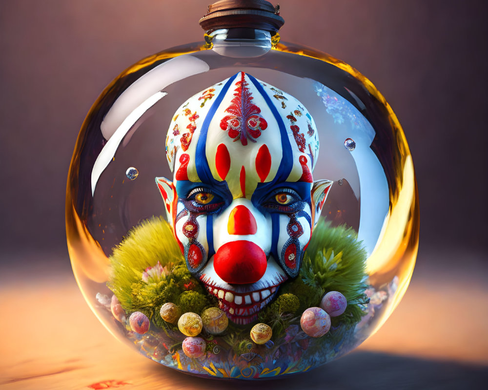 Colorful Clown Face in Glass Bubble with Greenery and Spheres