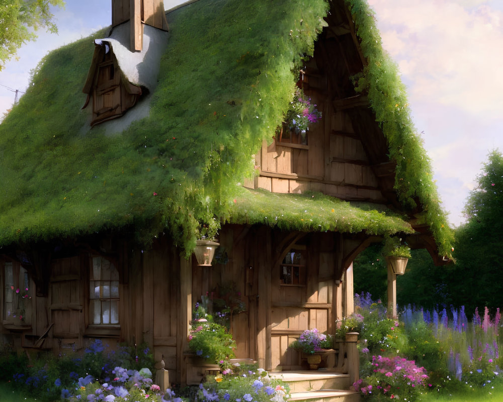 Thatched Roof Cottage Surrounded by Greenery and Flowers