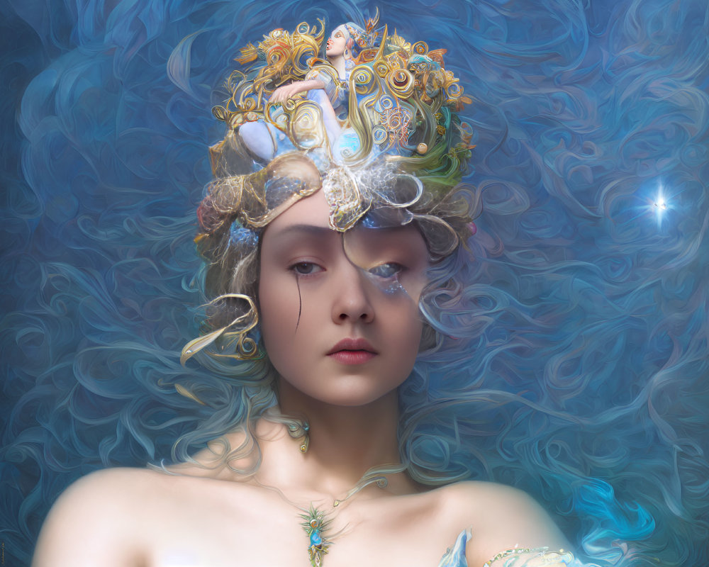 Woman adorned with ornate headpiece and intricate jewelry on swirling blue background