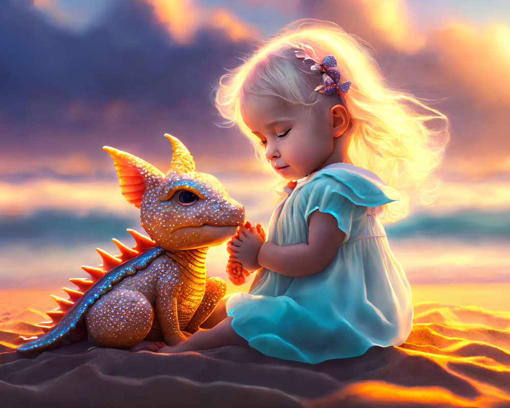 Young girl in blue dress with orange dragon on sandy beach at sunset