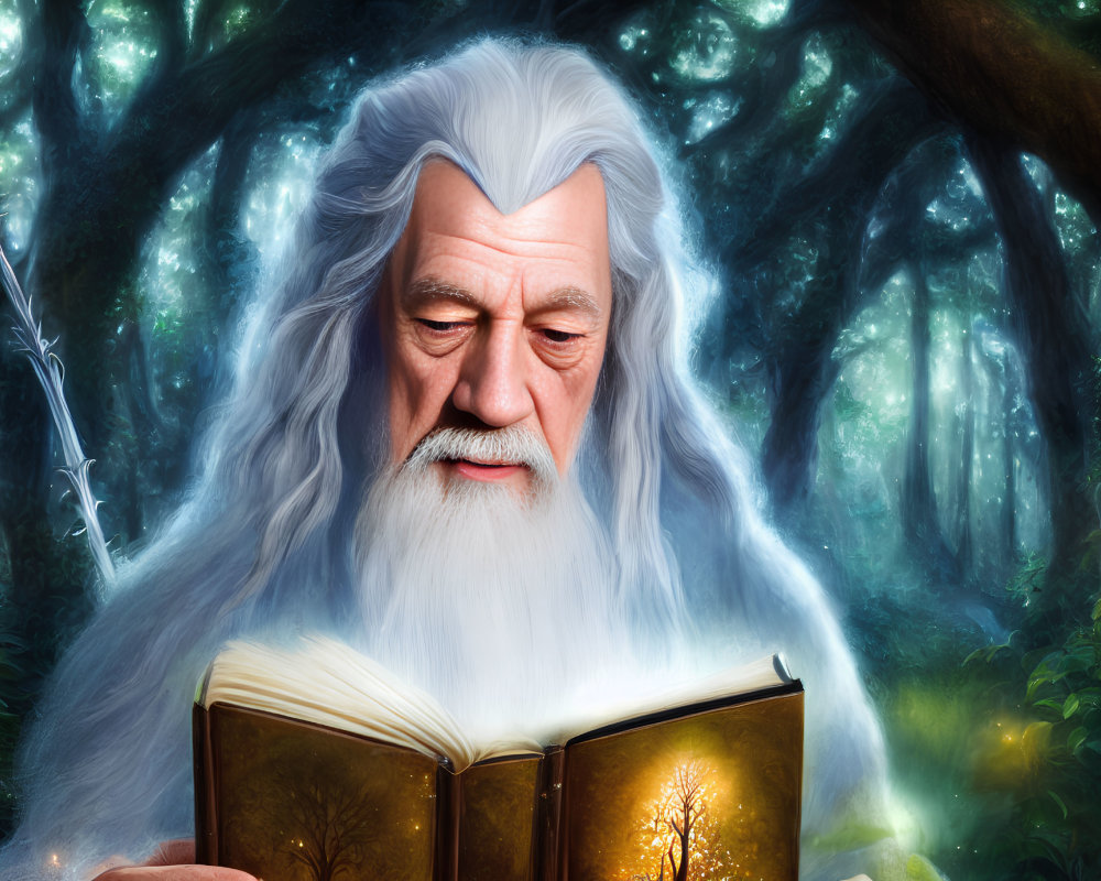 Elderly wizard reading book in enchanted forest with golden symbols