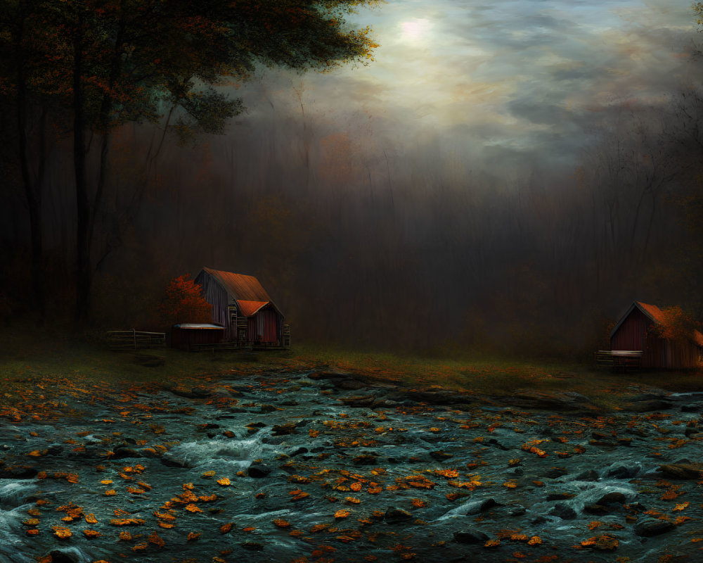 Rustic cabins by misty stream in autumn forest