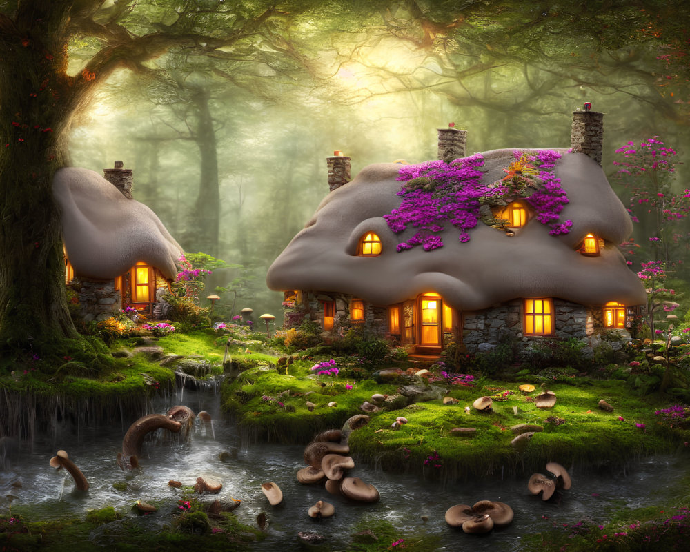 Enchanted forest scene with whimsical cottages, moss, flowers, stream, and mushrooms