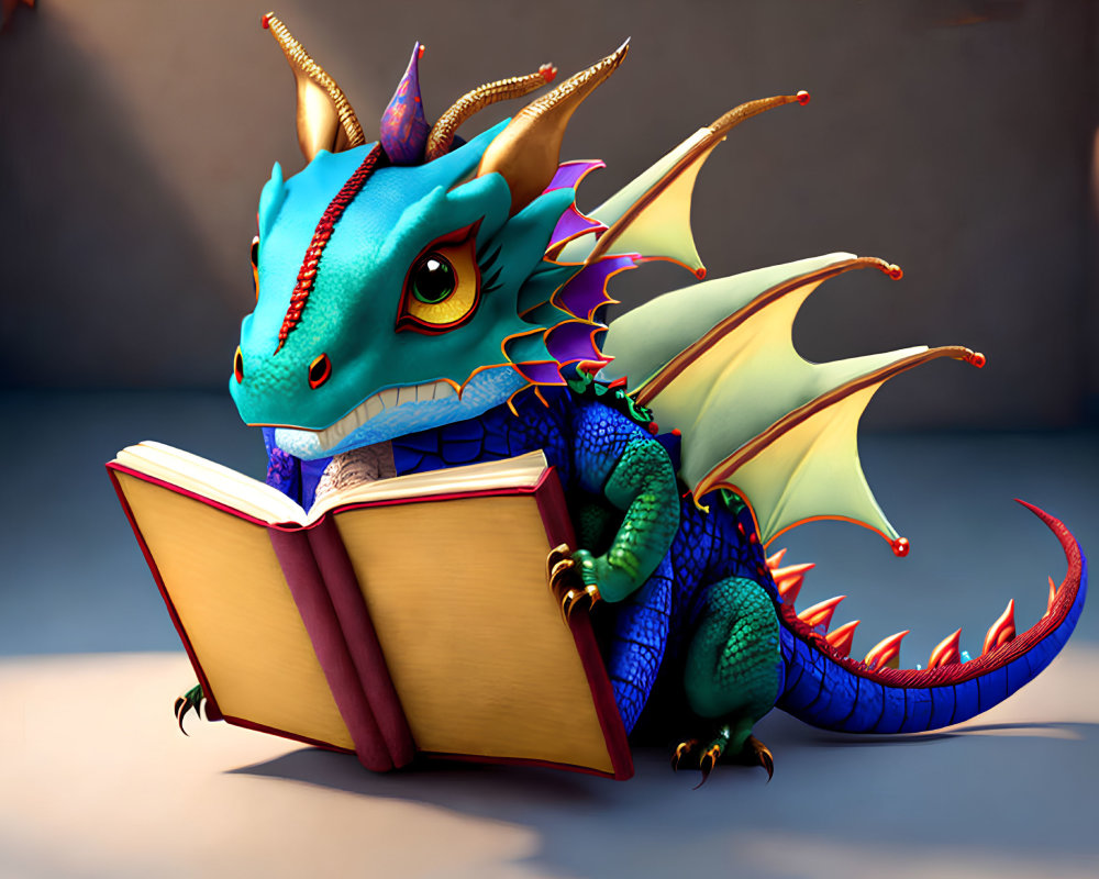 Colorful Animated Dragon Reading Large Open Book Intently