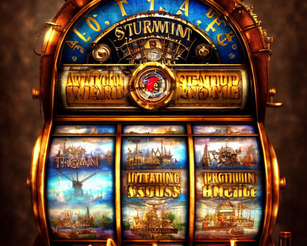 Vintage Slot Machine with Fantasy-Themed Graphics and Golden Lettering