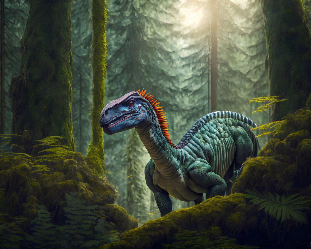 Colorful feathered dinosaur in misty forest with sunbeams