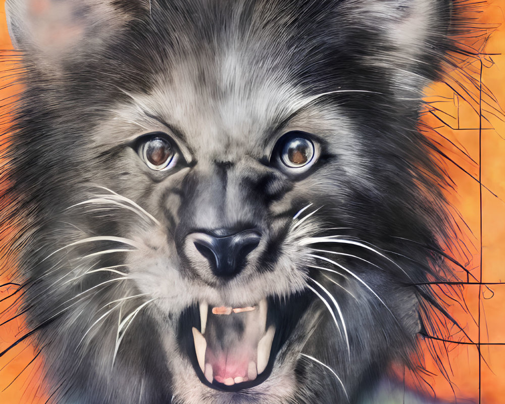 Young lion with fluffy mane on vibrant orange backdrop