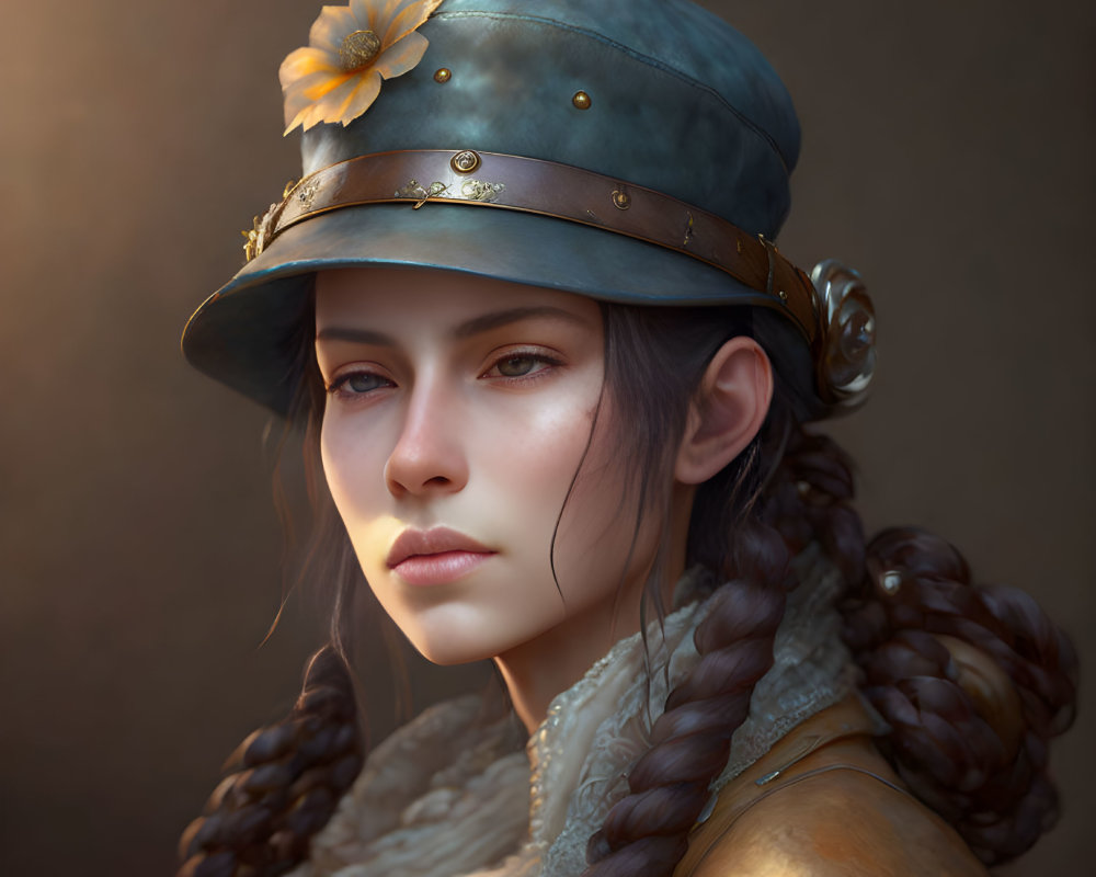 Digital portrait: Woman with braided hair, adorned hat and armor, serene expression on warm backdrop