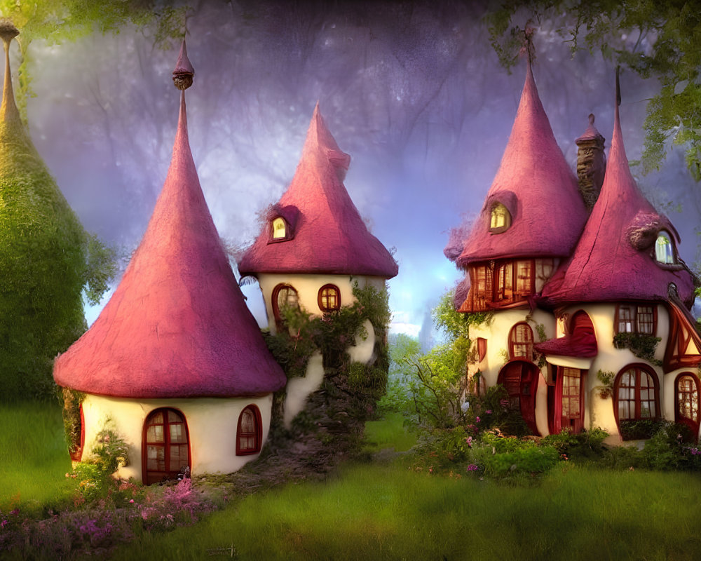 Enchanting fantasy illustration of thatched-roof cottages in mystical fog