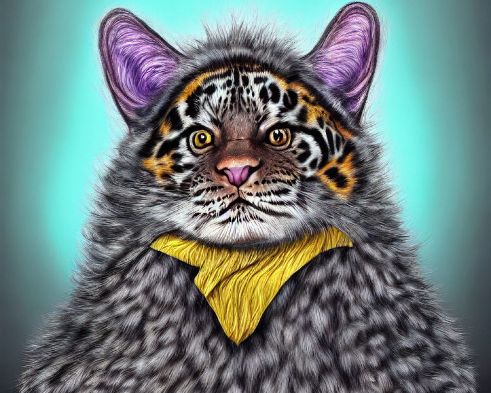 Anthropomorphic leopard illustration with purple ears and yellow bandana