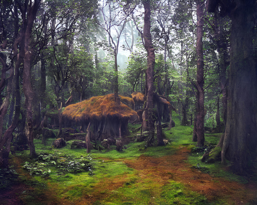 Enchanting forest with dense trees, mossy floor, and foggy atmosphere