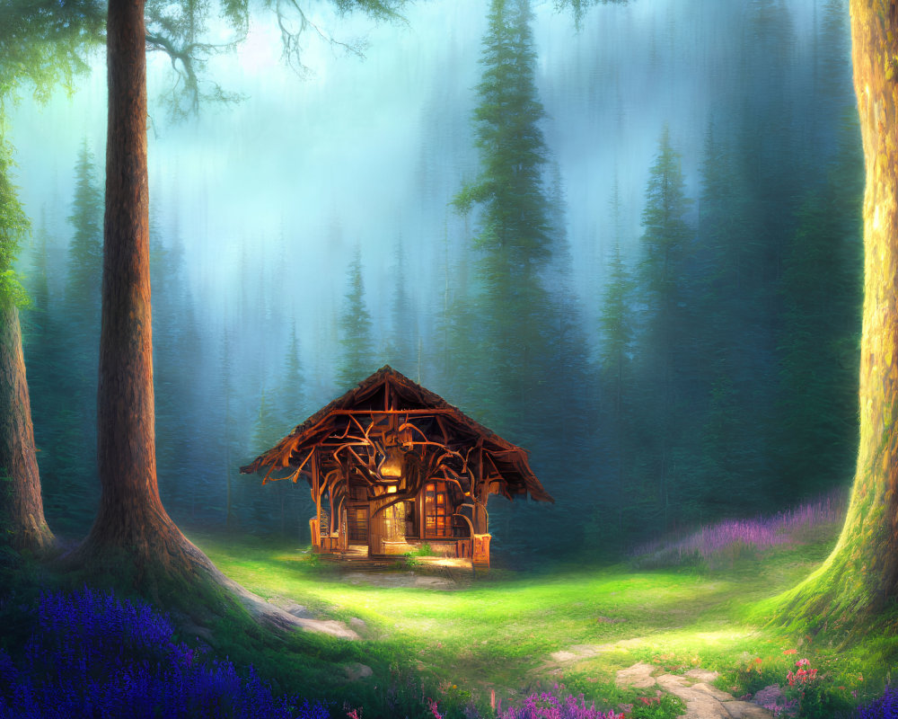 Serene forest clearing with wooden cabin, tall trees, sunlight, and wildflowers