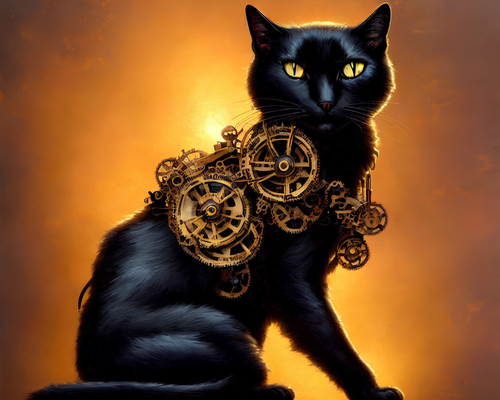 Black Cat with Steampunk Gears and Yellow Eyes on Orange Background