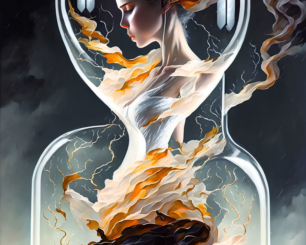 Stylized artwork woman with flowing hair and dress blending with hourglass symbolizing time and change