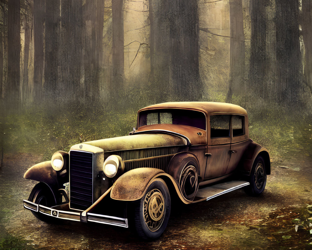 Vintage car in misty forest with eerie atmosphere.