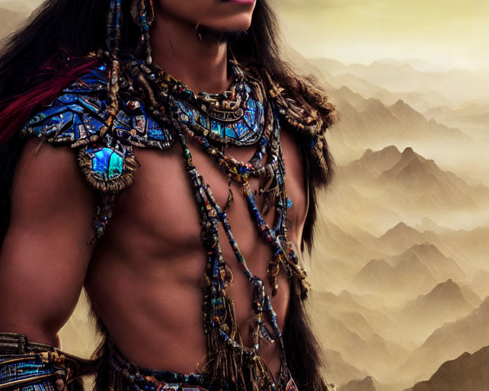 Native American-inspired regalia with turquoise adornments against mountain backdrop