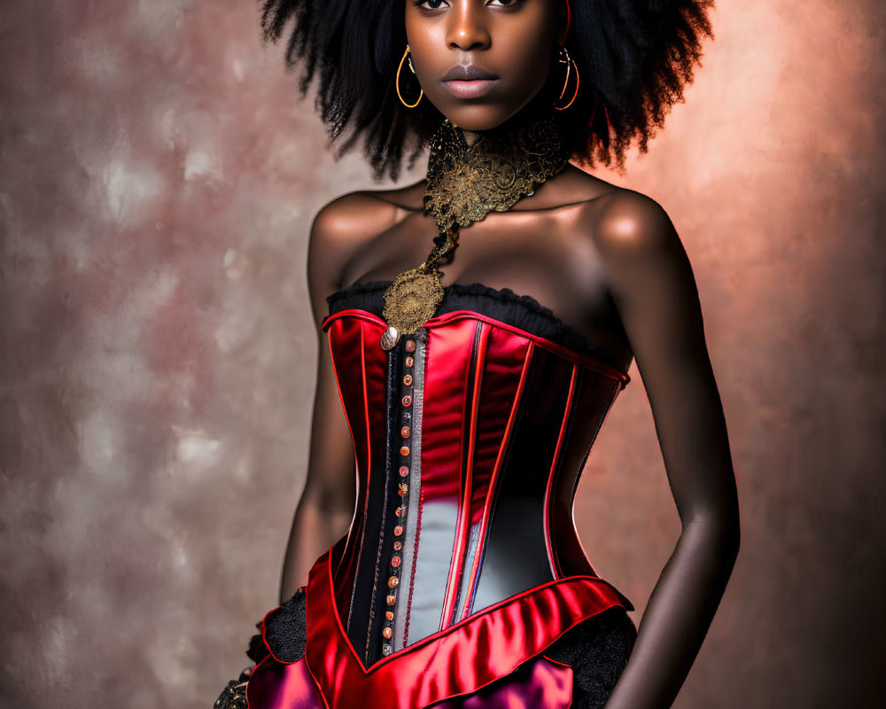 Woman in Red and Black Corset Dress with Voluminous Hair and Gold Jewelry