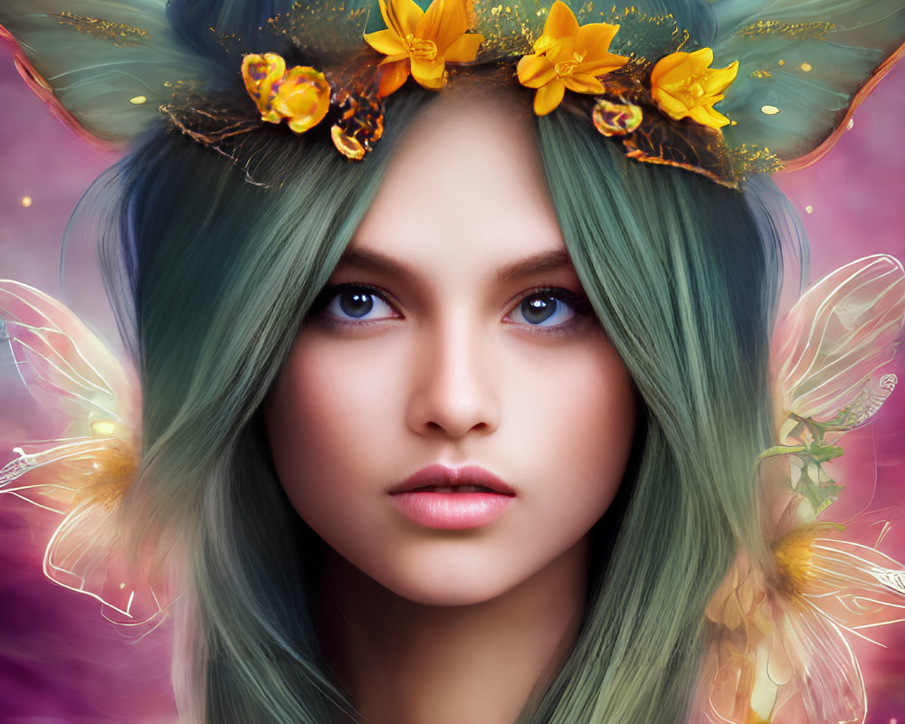 Fantasy character digital portrait with teal hair, floral crown, and glowing butterfly wings.