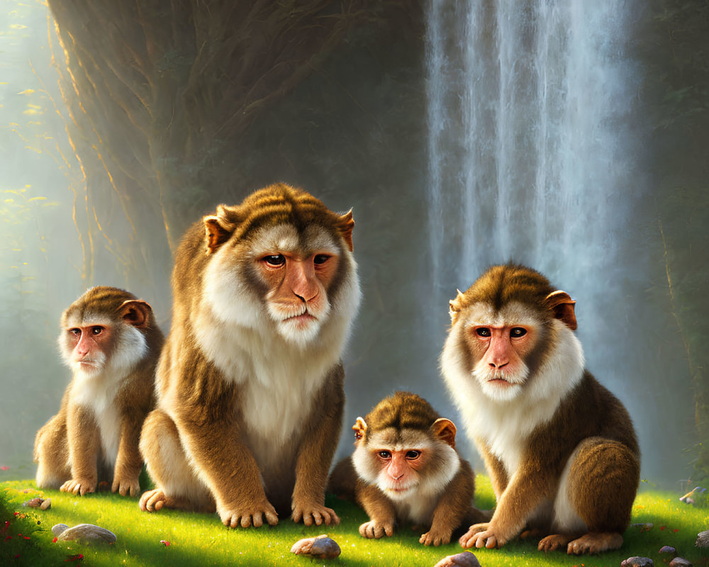 Anthropomorphic monkey family by waterfall in lush setting