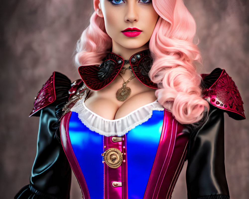 Vibrant pink-haired woman in detailed corset and ruffled collar portrait