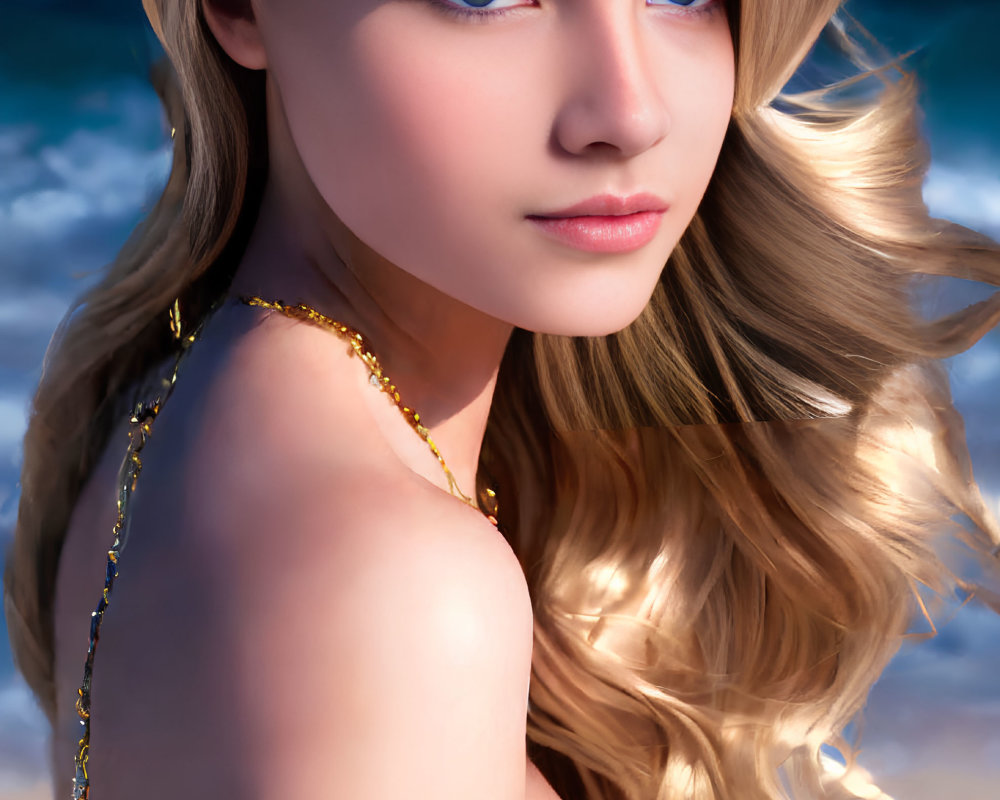 Blonde Woman Portrait with Blue Eyes and Golden Jewelry