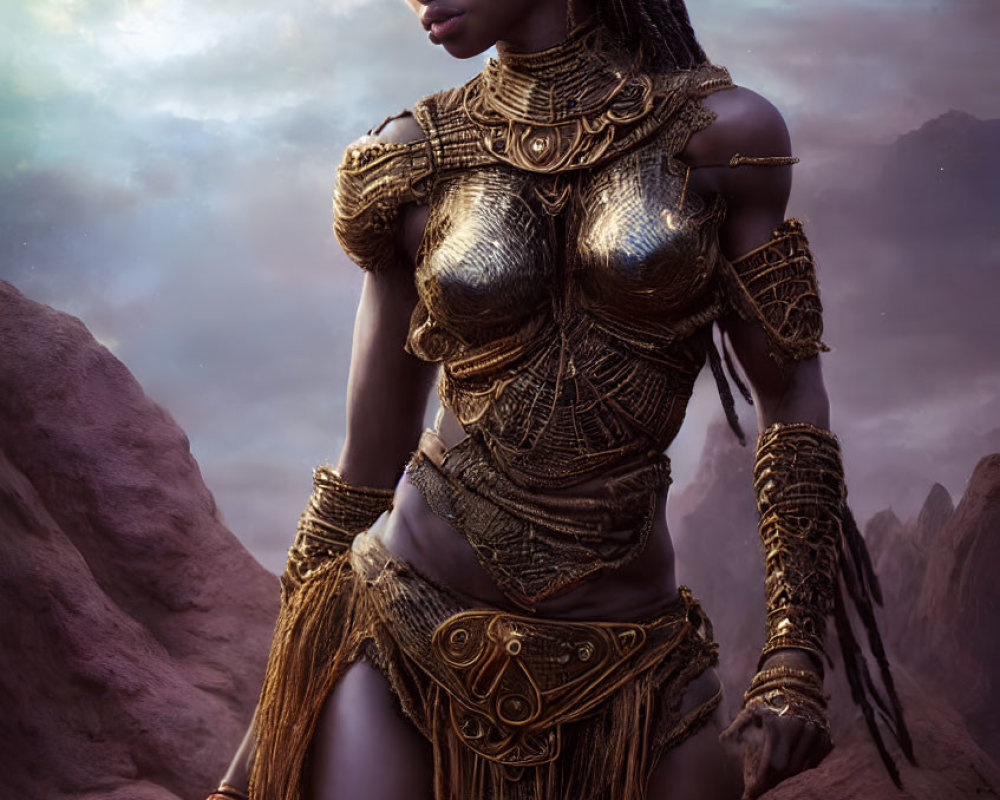 Majestic woman in golden armor and crown against starlit sky