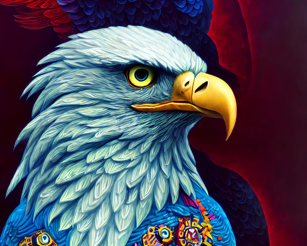 Detailed digital artwork: Eagle with intricate feather patterns on crimson background