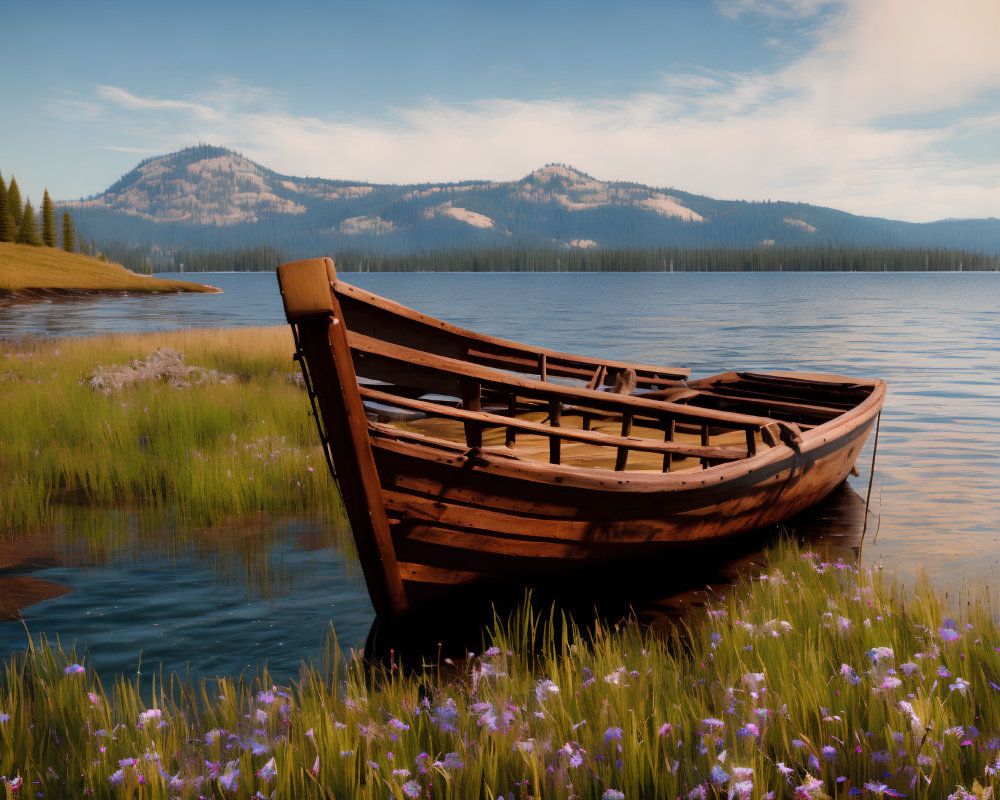 Scenic wooden rowboat on calm lake with purple flowers, forested mountains, and clear sky